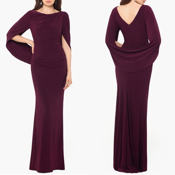 NEW Betsy & Adam BURGUNDY Cape Long Sleeve RUCHED Trumpet EVENING GOWN 10 - Picture 1 of 12